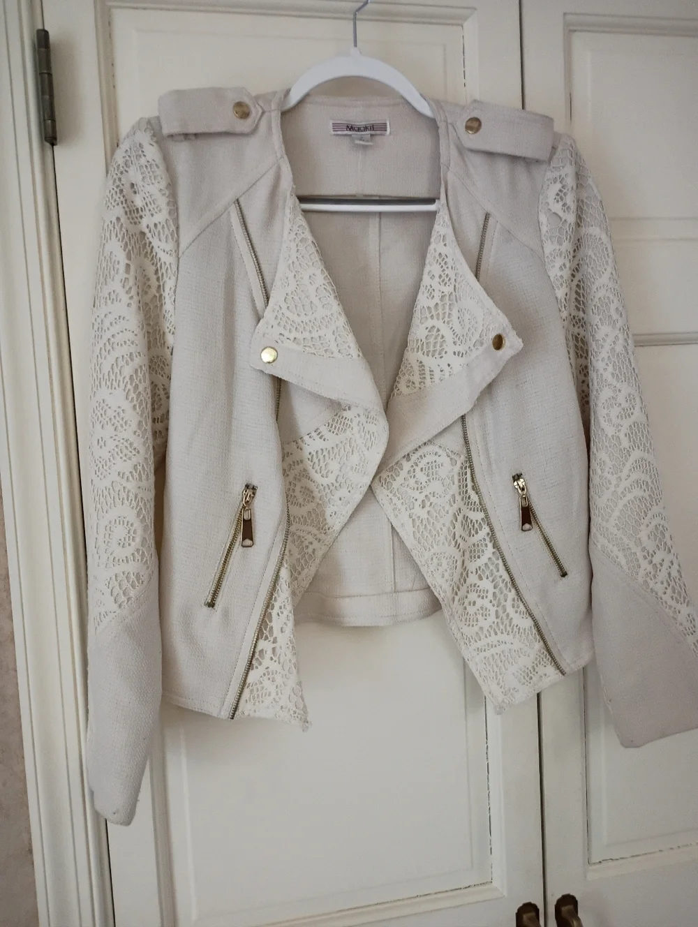 Cream Lace Sleeve Moto Jacket - Women's Lightweight - Picture 3 of 6